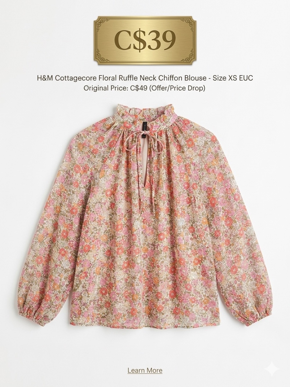 H&M Cottagecore Floral Ruffle Neck Chiffon Blouse - Size XS EUC